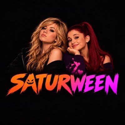 Saturween — orange and magenta Halloween lettering with two mysterious heroines